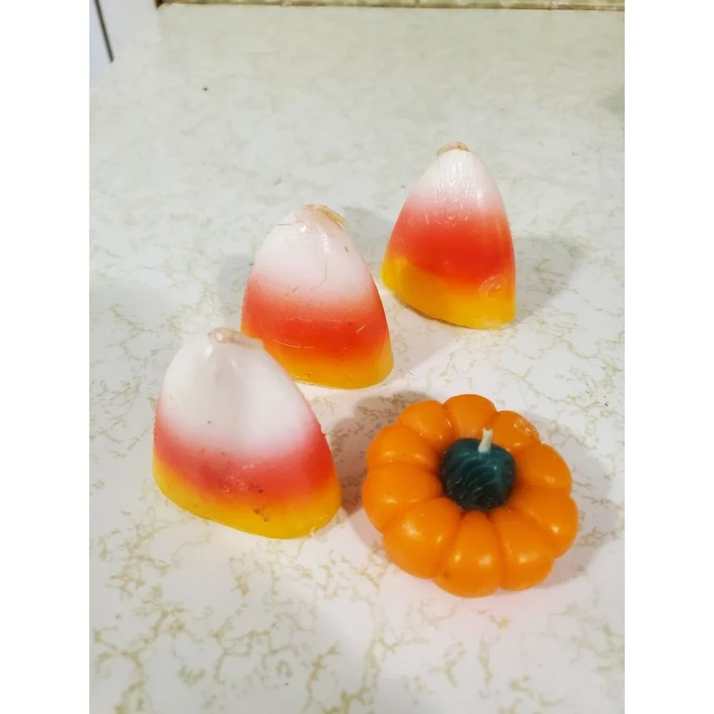 Halloween Candles 3 Candy Corns 1 Small Pumpkin Lot Mini Candles Vintage Style